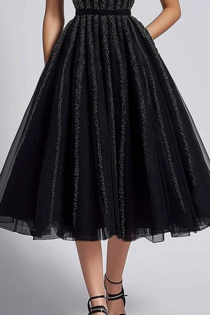 Prom Party Mesh Dress Slip Black Pleated Glitter Midi Dress