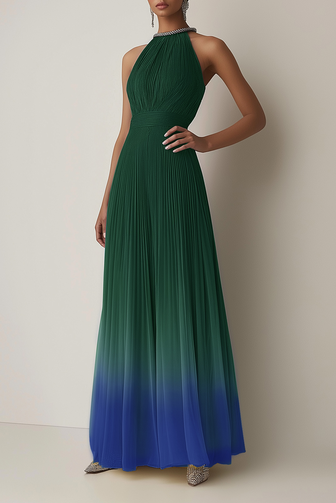 Evening Halter Dress Green-Blue Ombre Pleated Chiffon Maxi Dress
