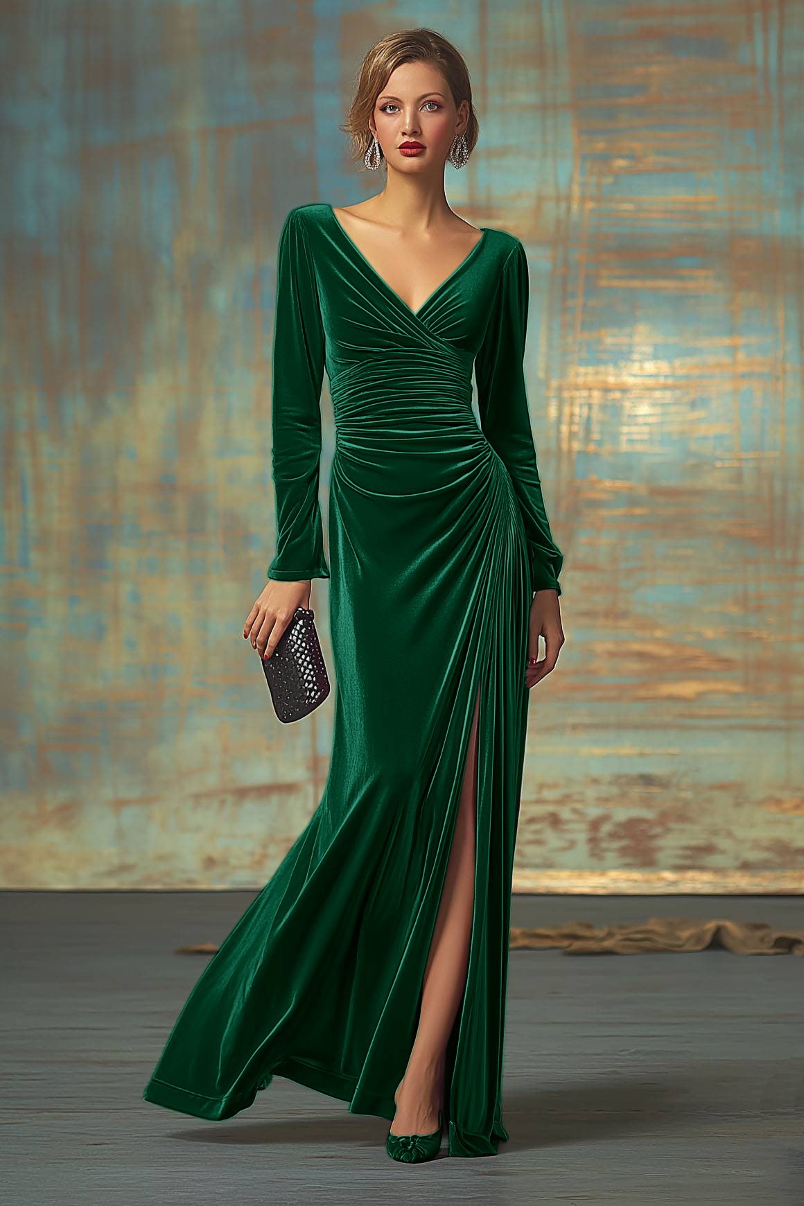 Formal Evening Velvet Dress Fuchsia V Neck Maxi Dress