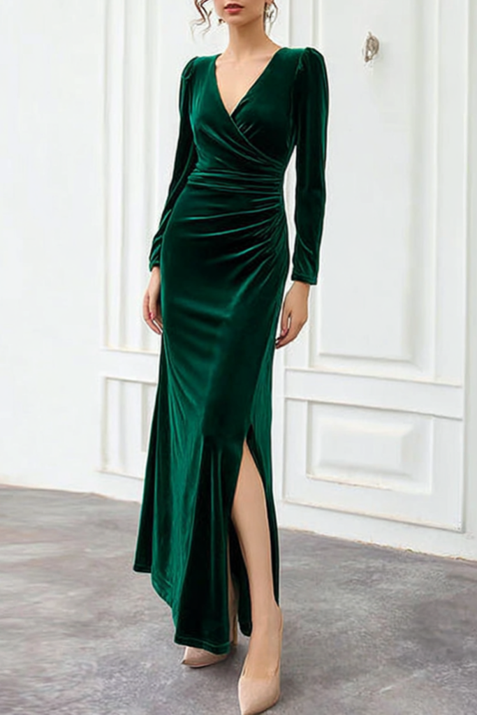 Formal Evening Velvet Dress Green V Neck Maxi Dress