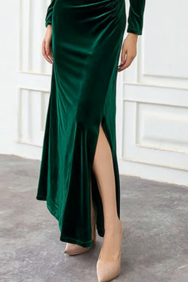 Formal Evening Velvet Dress Green V Neck Maxi Dress