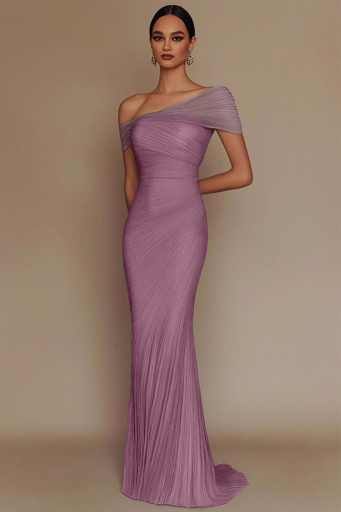 Evening Prom Light Blue Gown One Shoulder Glitter Pleated Maxi Dress