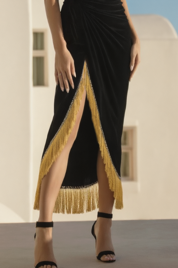 Formal Evening Velvet Dress Black Strapless Tassel Maxi Dress