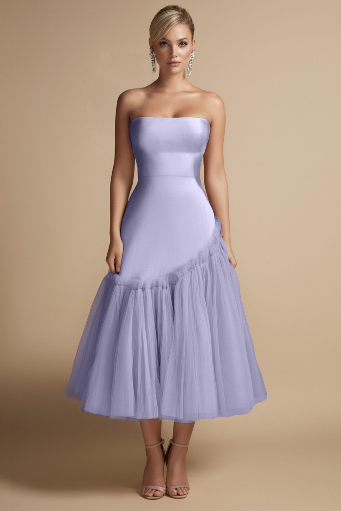 Cocktail Dress Pink Strapless Mesh Midi Dress