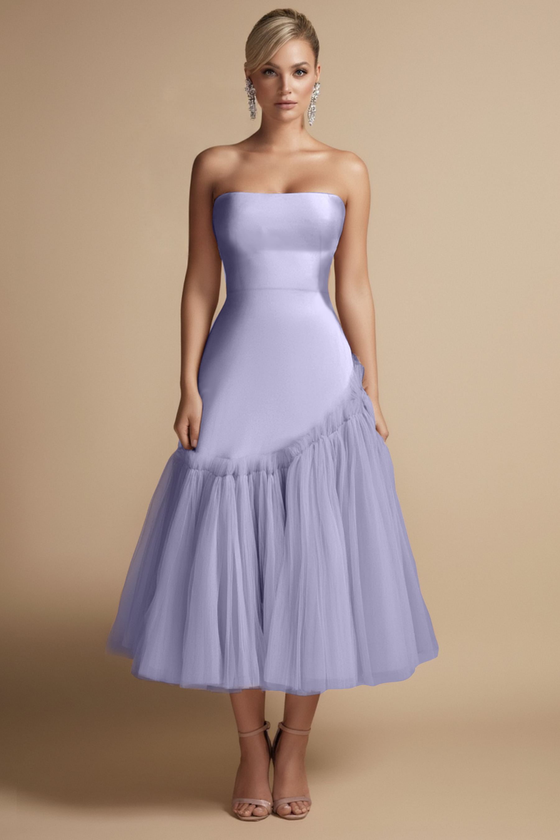 Cocktail Dress Pink Strapless Mesh Midi Dress