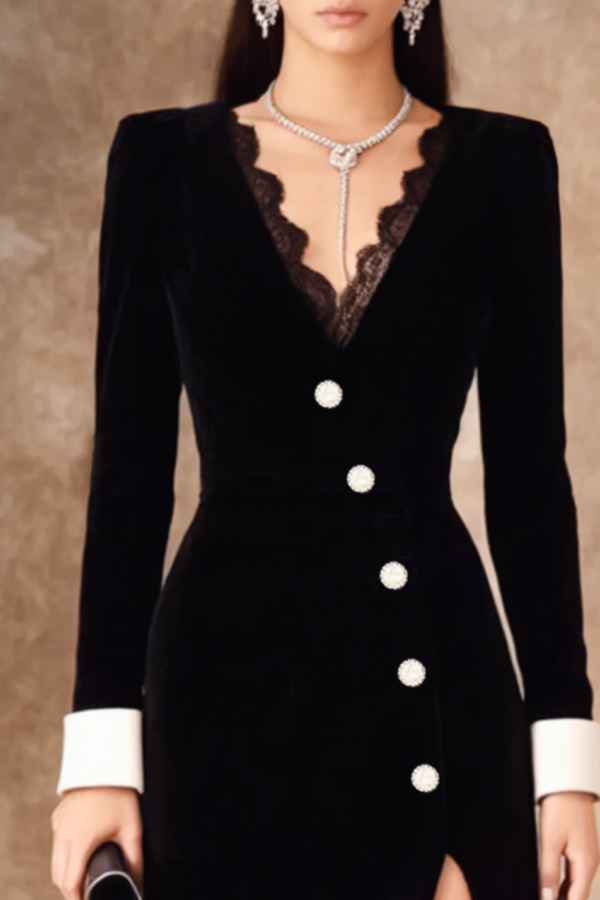 Formal Evening Dress Black V Neck Lace Slit Maxi Dress