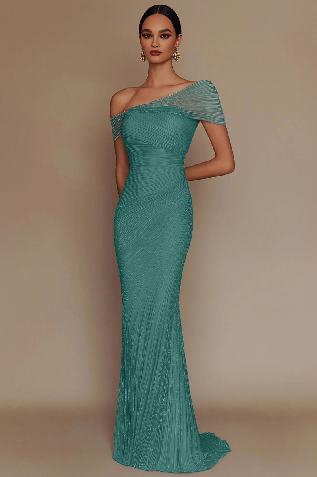 Evening Prom Light Blue Gown One Shoulder Glitter Pleated Maxi Dress