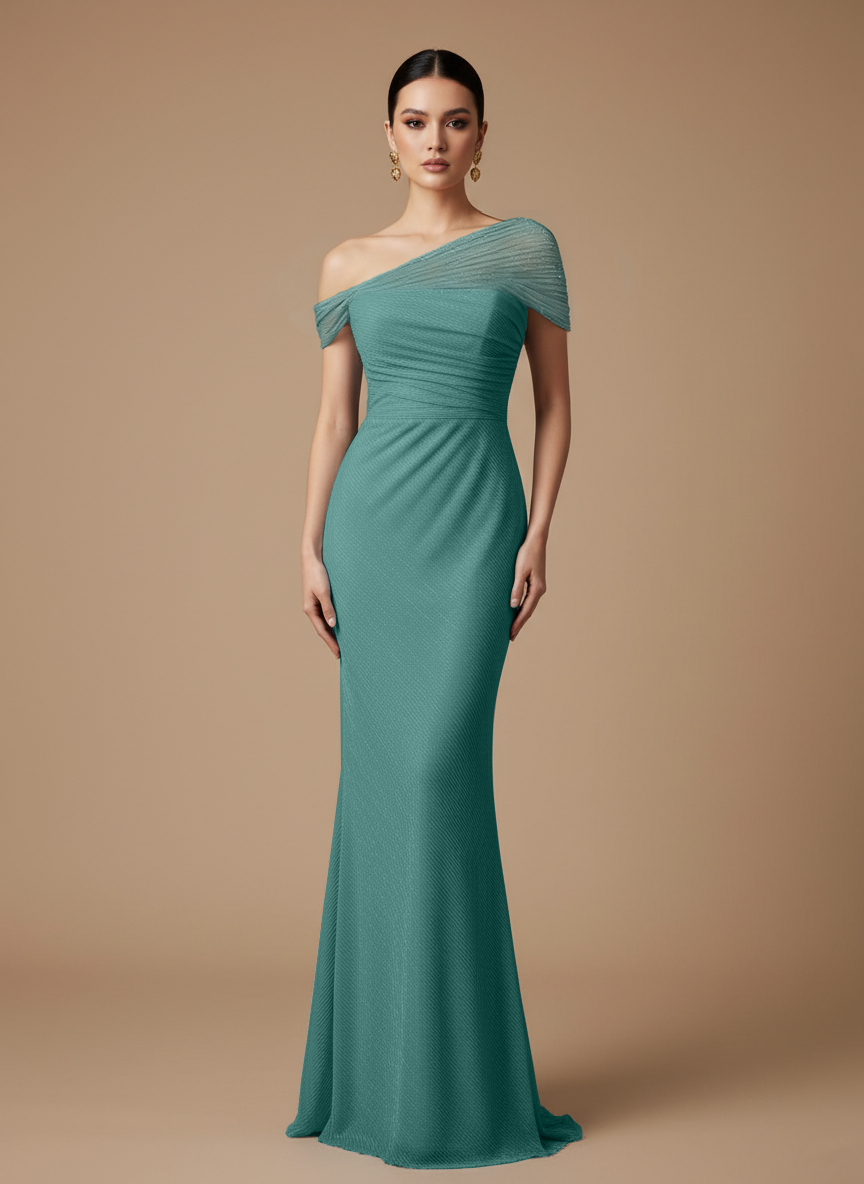 Evening Prom Light Blue Gown One Shoulder Glitter Pleated Maxi Dress