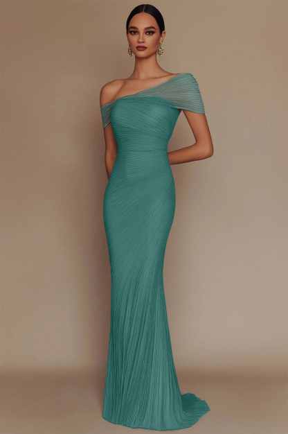 Evening Prom Light Blue Gown One Shoulder Glitter Pleated Maxi Dress