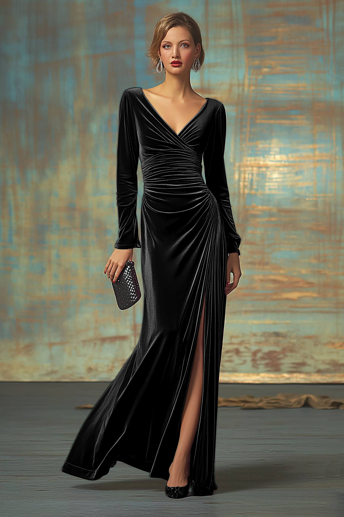Formal Evening Velvet Dress Fuchsia V Neck Maxi Dress