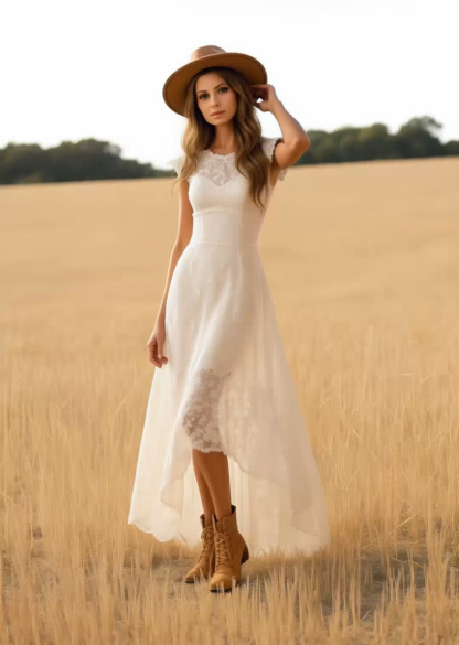 Boho Lace Dress White Crew Neck Maxi Dress