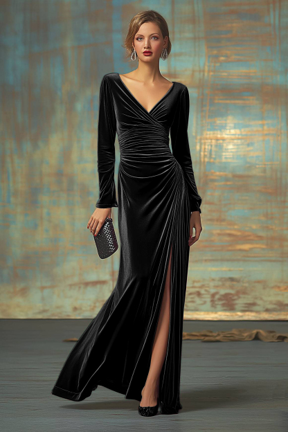 Formal Evening Velvet Dress Fuchsia V Neck Maxi Dress