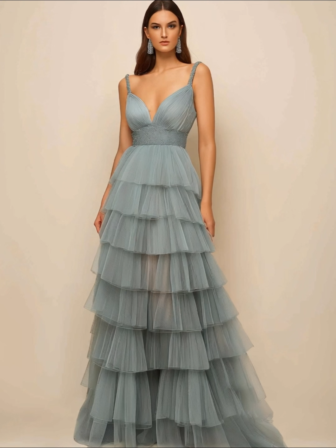 Prom Tiered Layer Dress Light Green Spaghetti Strap Pleated Mesh Floor-Length Dress