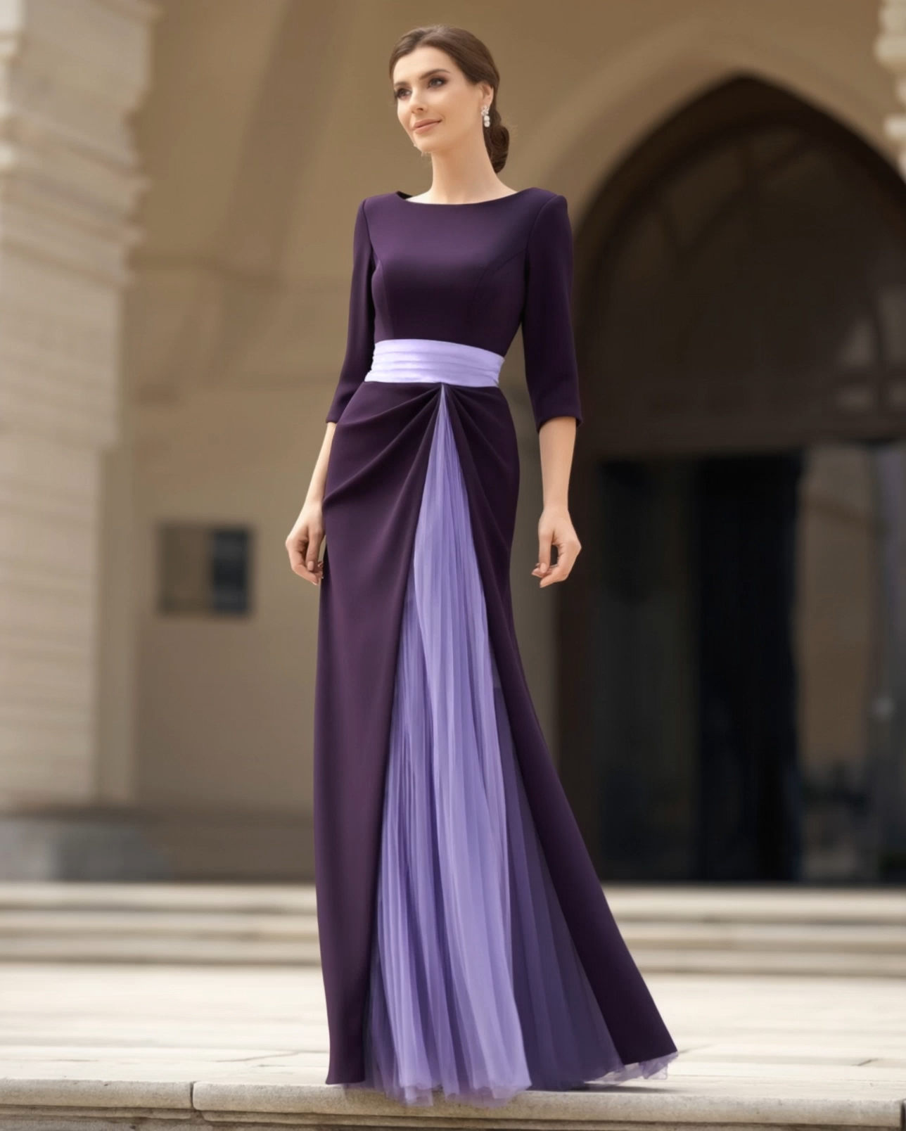 Formal Dress Purple Crew Neck Colorblock Floor-Length Dress