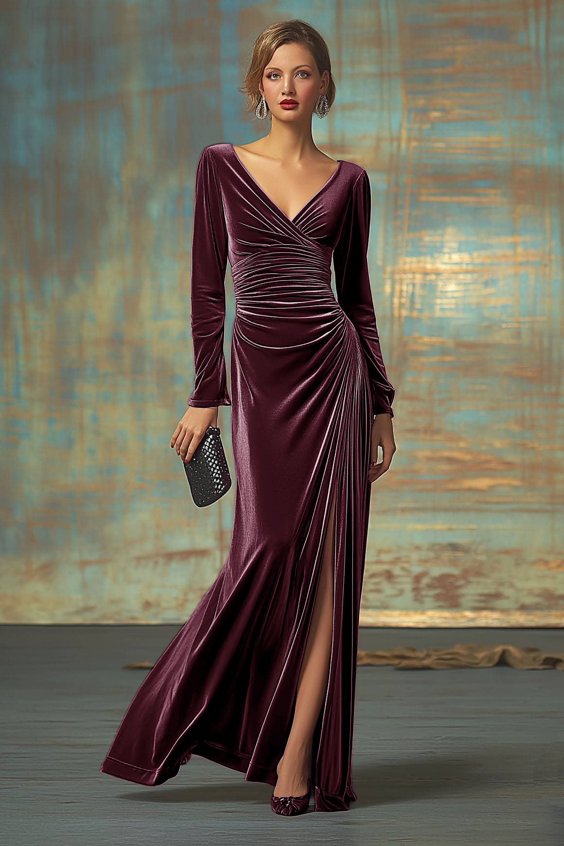 Formal Evening Velvet Dress Fuchsia V Neck Maxi Dress