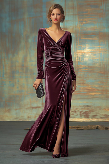 Formal Evening Velvet Dress Fuchsia V Neck Maxi Dress