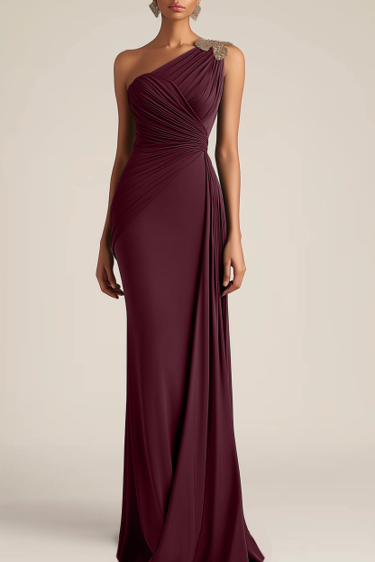 Formal Evening Dress Green One-Shoulder Ruched Maxi Dress