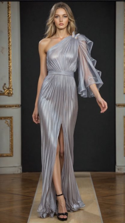 Elegant Party Dress Grey Blue One Shoulder Bow High Slit Maxi Dress
