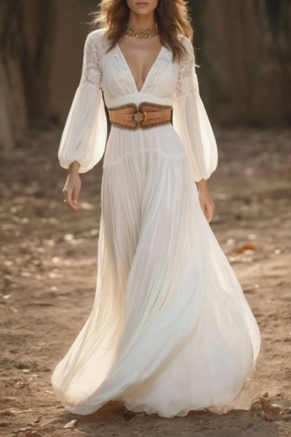 Bohemian Swing Dress White V Neck Belted Floor-Length Dress
