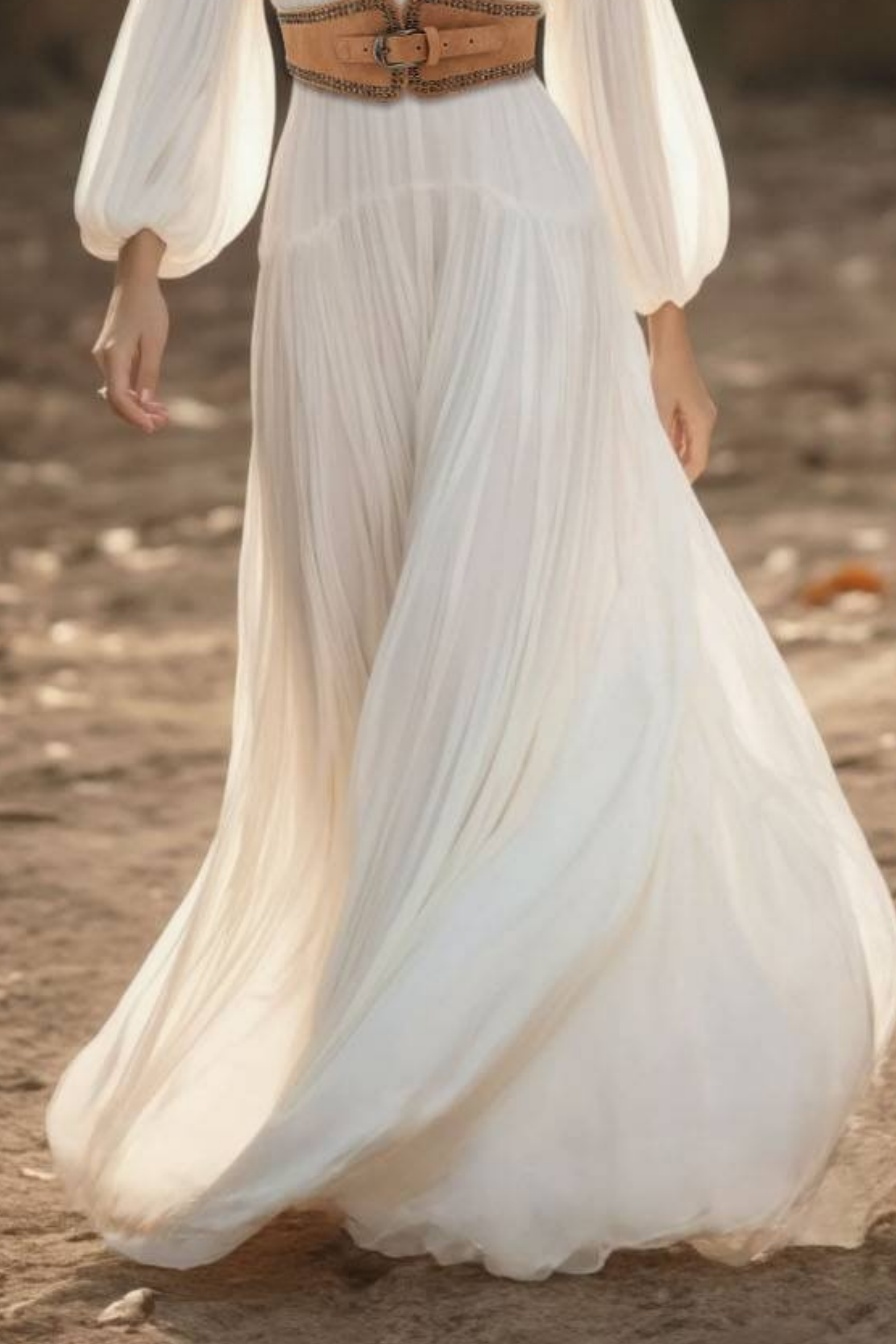 Bohemian Swing Dress White V Neck Belted Floor-Length Dress