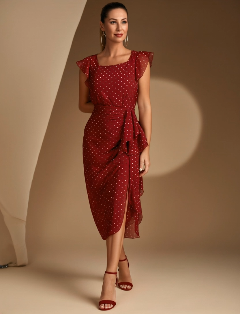 Daily Chiffon Dress Red Square Neck White Polka Dot Side Slit Midi Dress