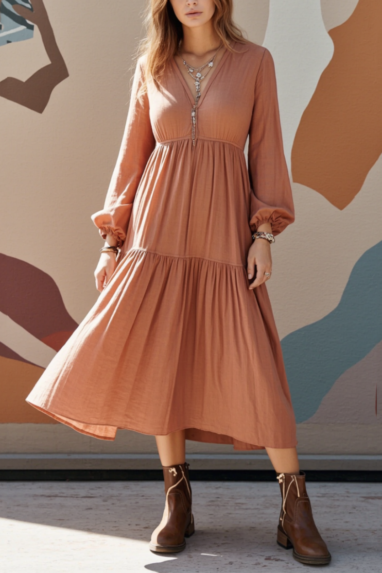 Bohemian Swing Dress Brown V Neck Midi Dress