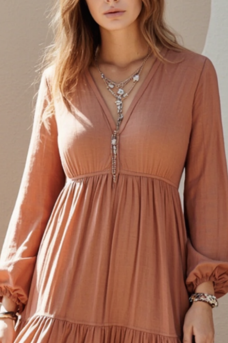 Bohemian Swing Dress Brown V Neck Midi Dress