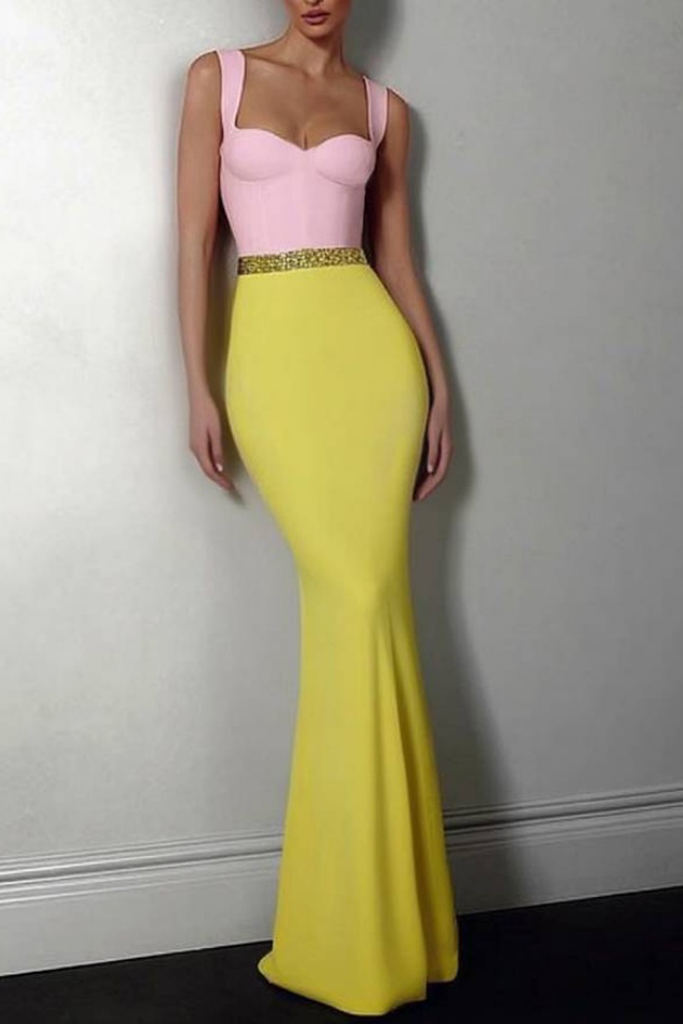 Formal ​Evening Dress Yellow Wide Strape Colorblock Maxi Mermaid Dress