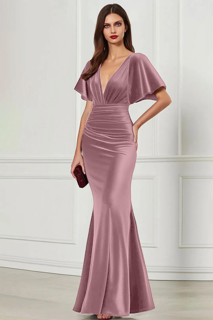 Formal Evening Dress Burgundy V Neck Velvet Maxi Dress