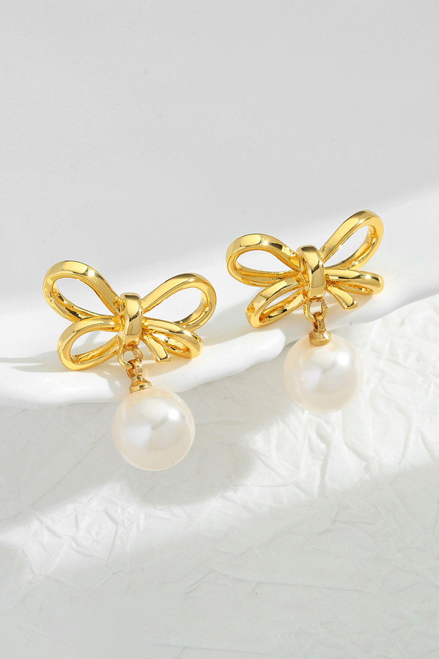 Gold Bow Pearl Earrings