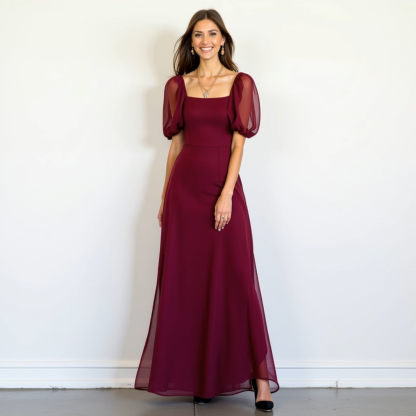 Cocktail​ Party ​Semi Formal Dress​ Mesh Burgundy Square Neck Maxi Dress
