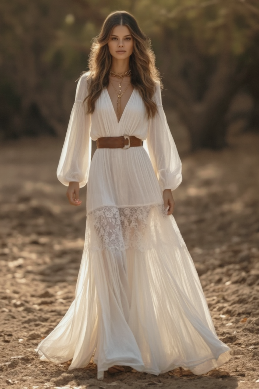 Bohemian Swing Lace Dress White V Neck Belted Floor-Length Dress
