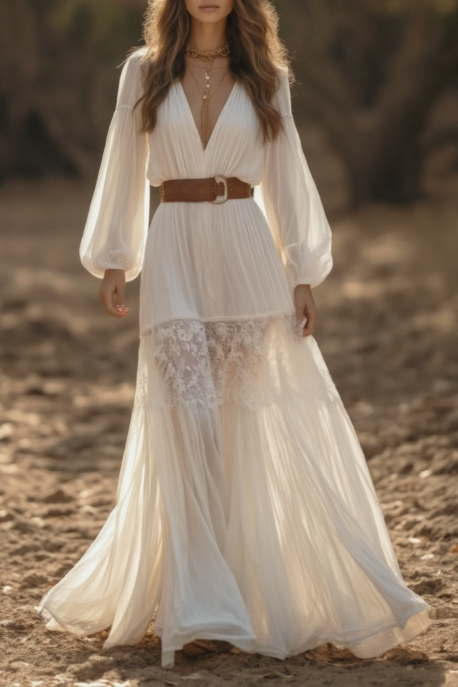 Bohemian Swing Lace Dress White V Neck Belted Floor-Length Dress