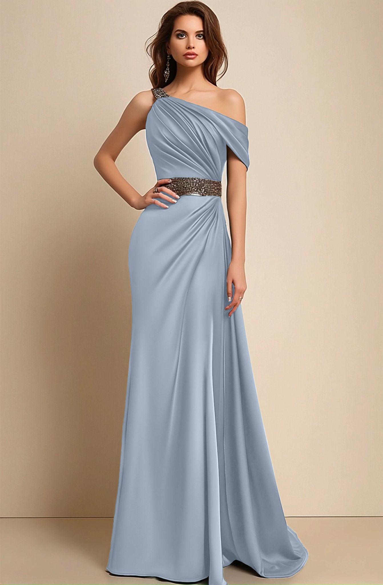 Formal Dress Green One-Shoulder Rhinestone Waist Belt Floor-Length Dre