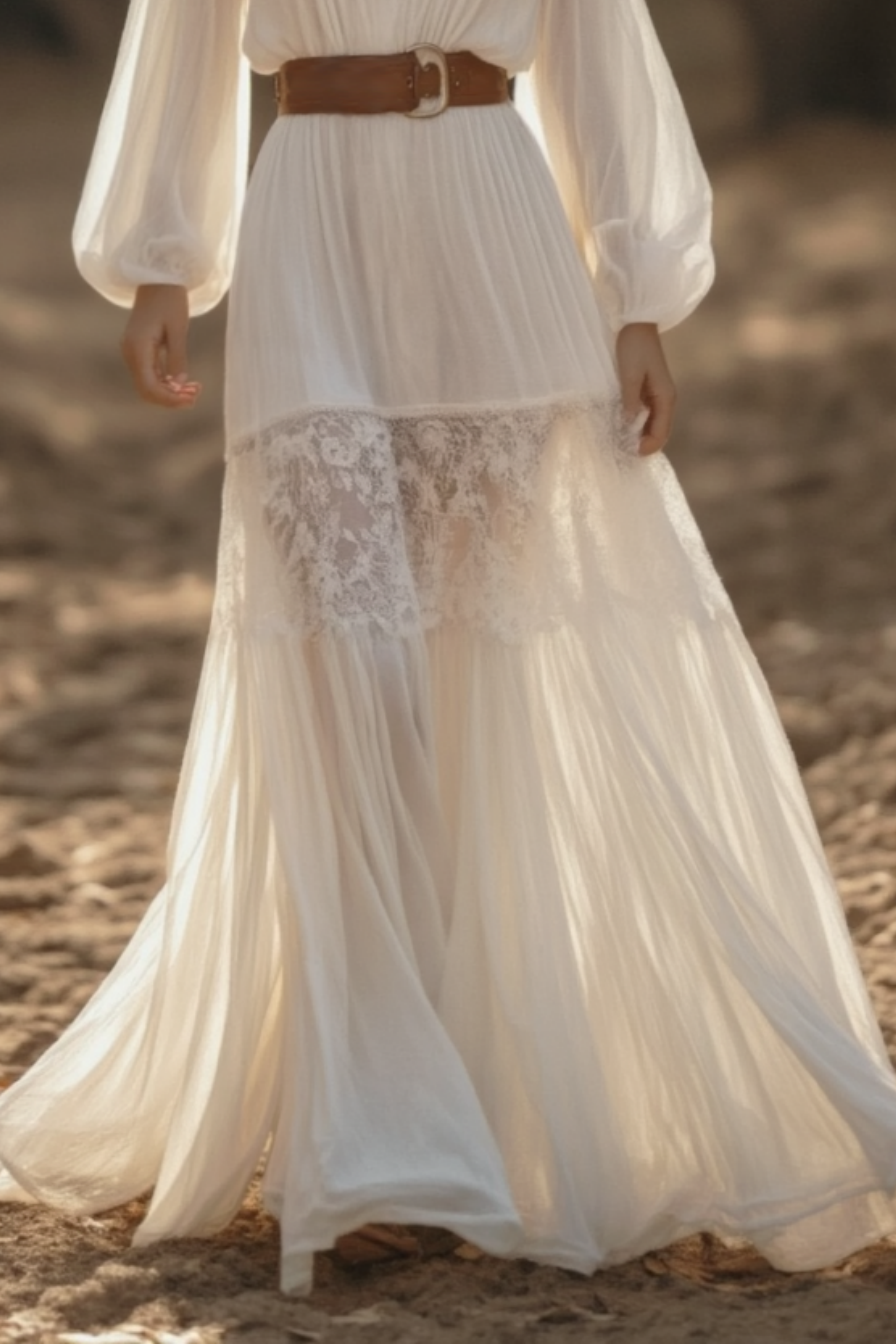 Bohemian Swing Lace Dress White V Neck Belted Floor-Length Dress