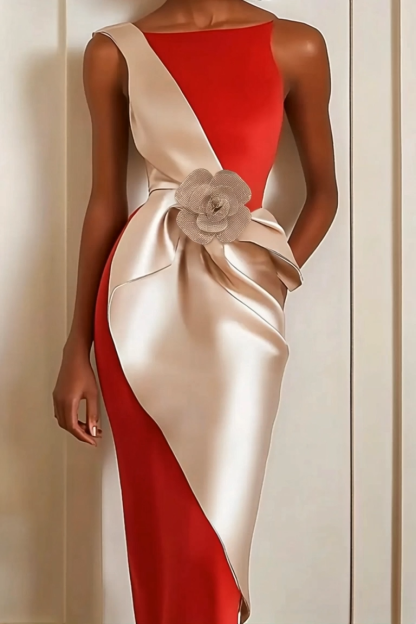 Holiday Midi Dress Crew Neck Wedding Guest Pleats Dress