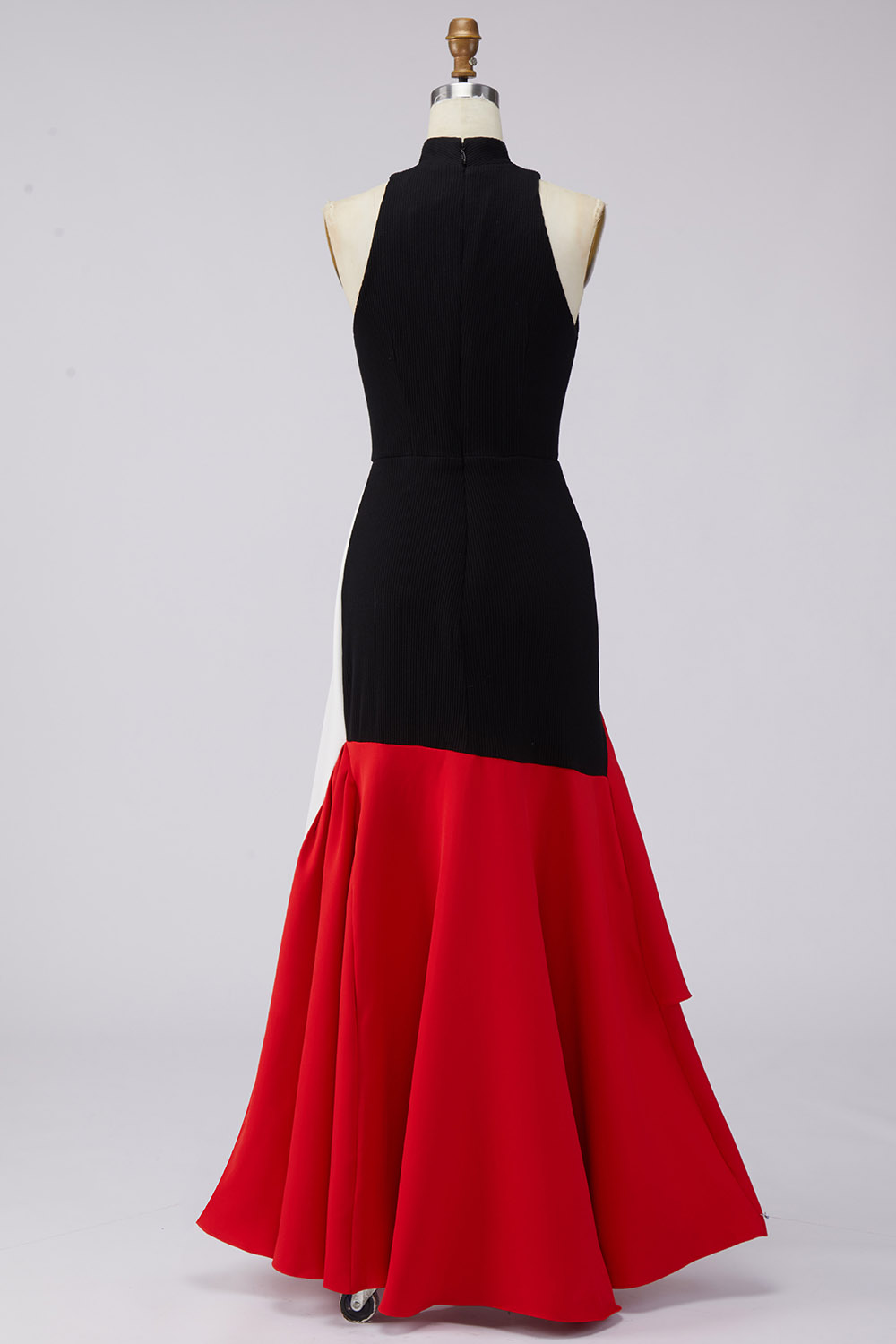 Formal Evening Dress Red Black Color-Block Sleeveless Maxi Dress