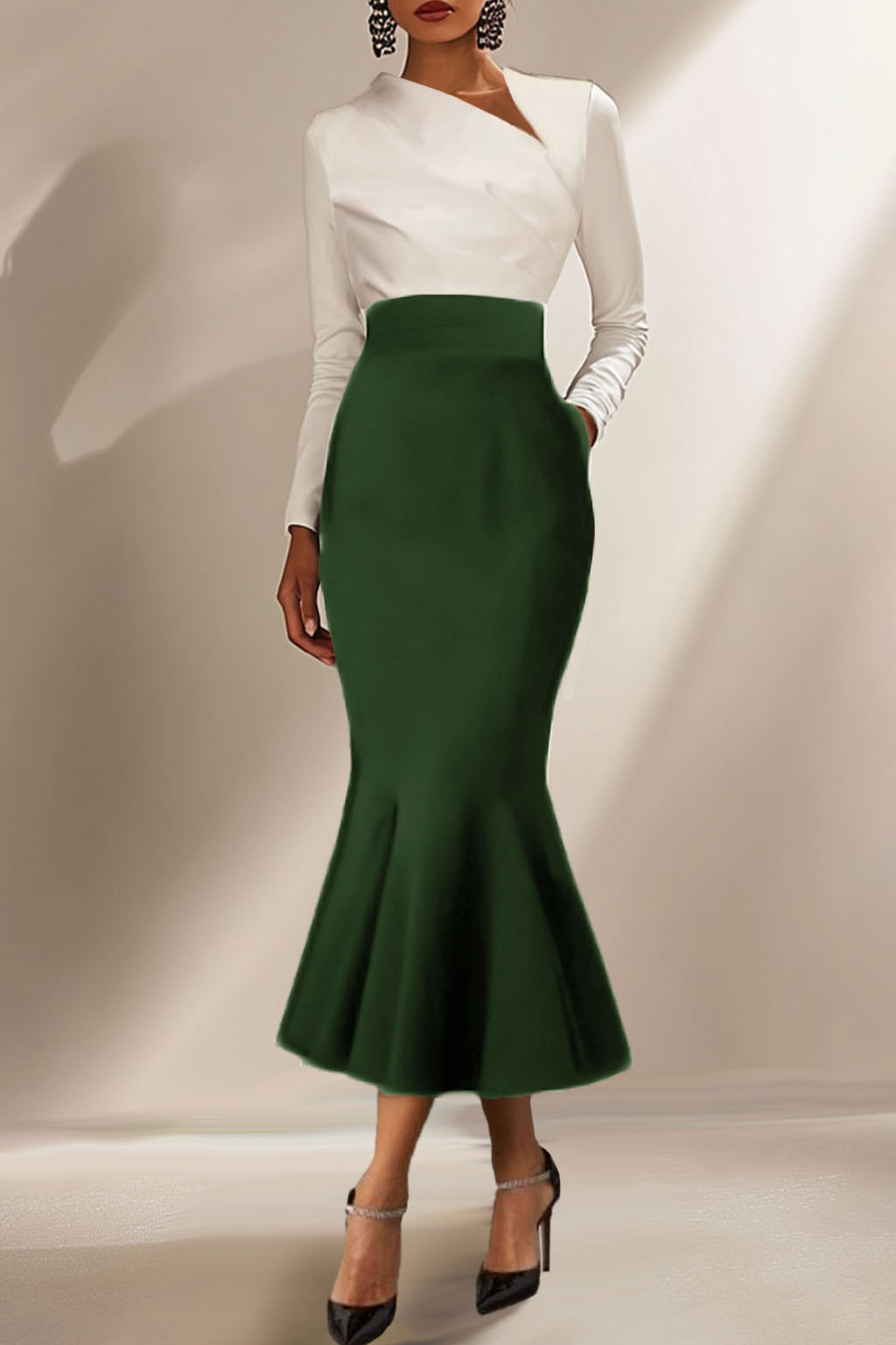 Business Casual Dress Black White Long-Sleeve Mermaid Dress