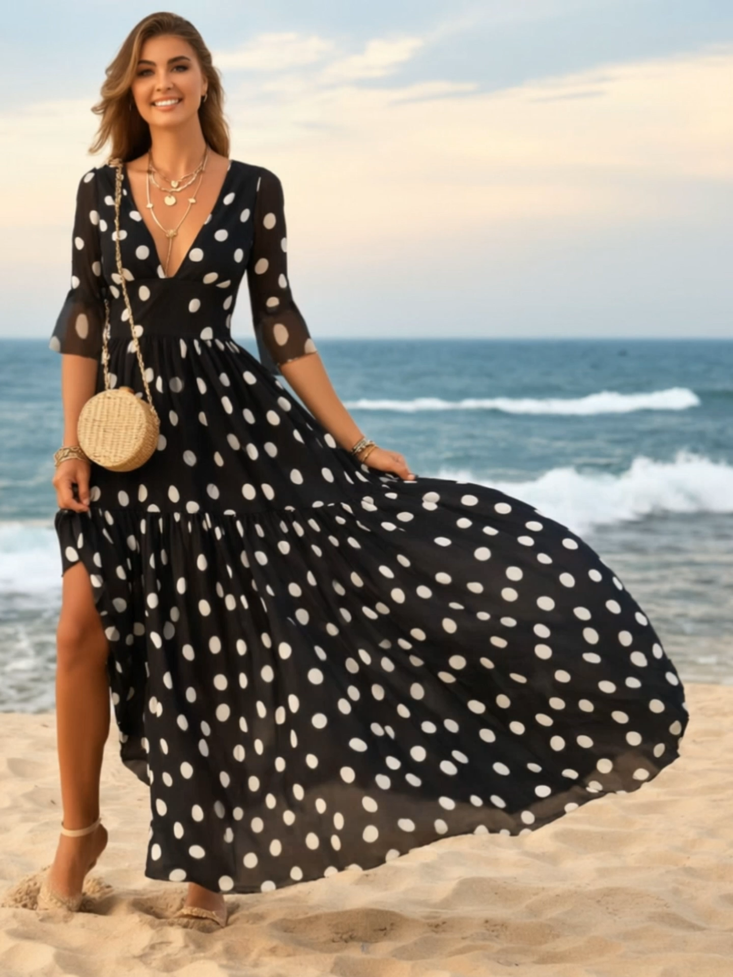 Vacation Casual Dress Black White Polka Dot V Neck Chiffon Maxi Dress
