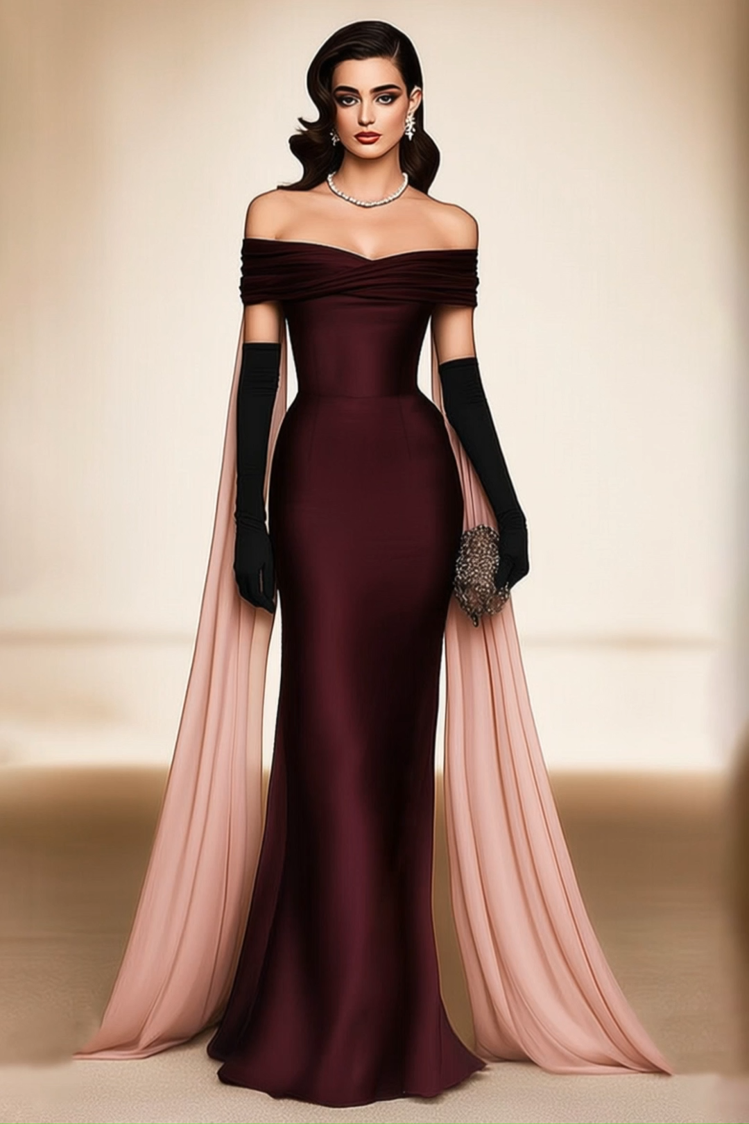 Evening Dress Fuchsia Off Shoulder Cape Maxi Dress