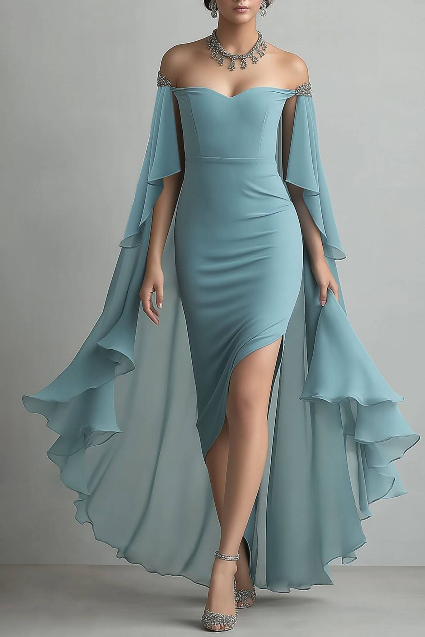 Formal Cocktail Dress Blue Strapless with Train Maxi Dress