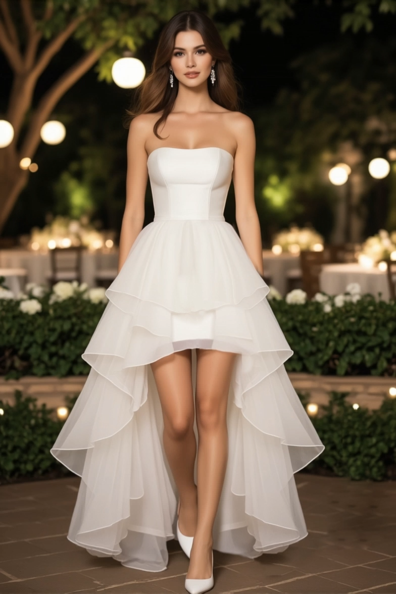 Homecoming Party Satin Dress​​ White Strapless Plus High Low Mini Dress