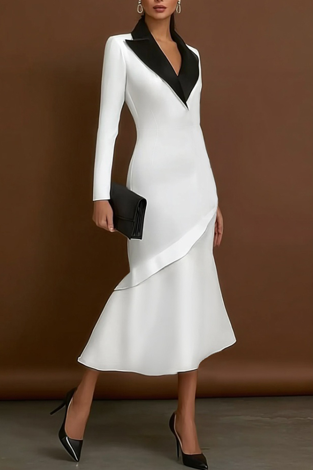 Party Work Dress Black White Lapel Colorblock Midi Dress