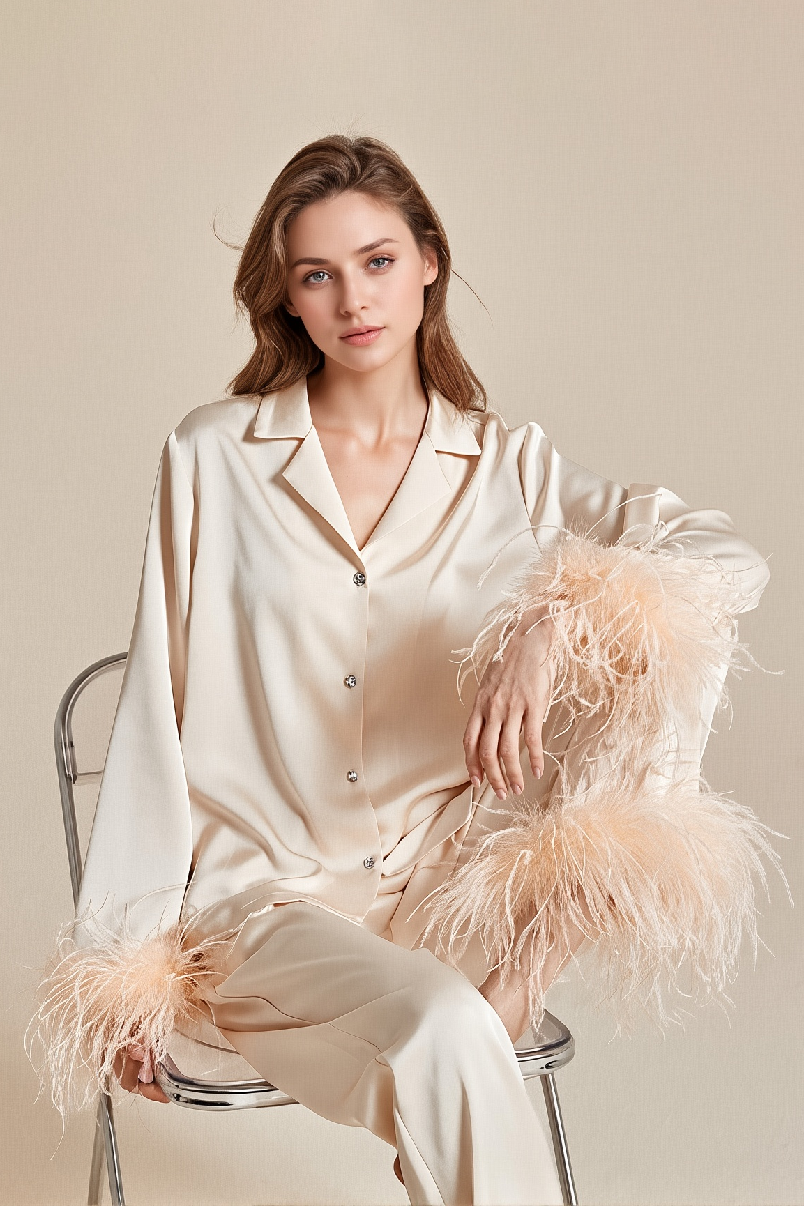 Wedding Pajama Set Pink Lapel Feather Satin Outfit Sets