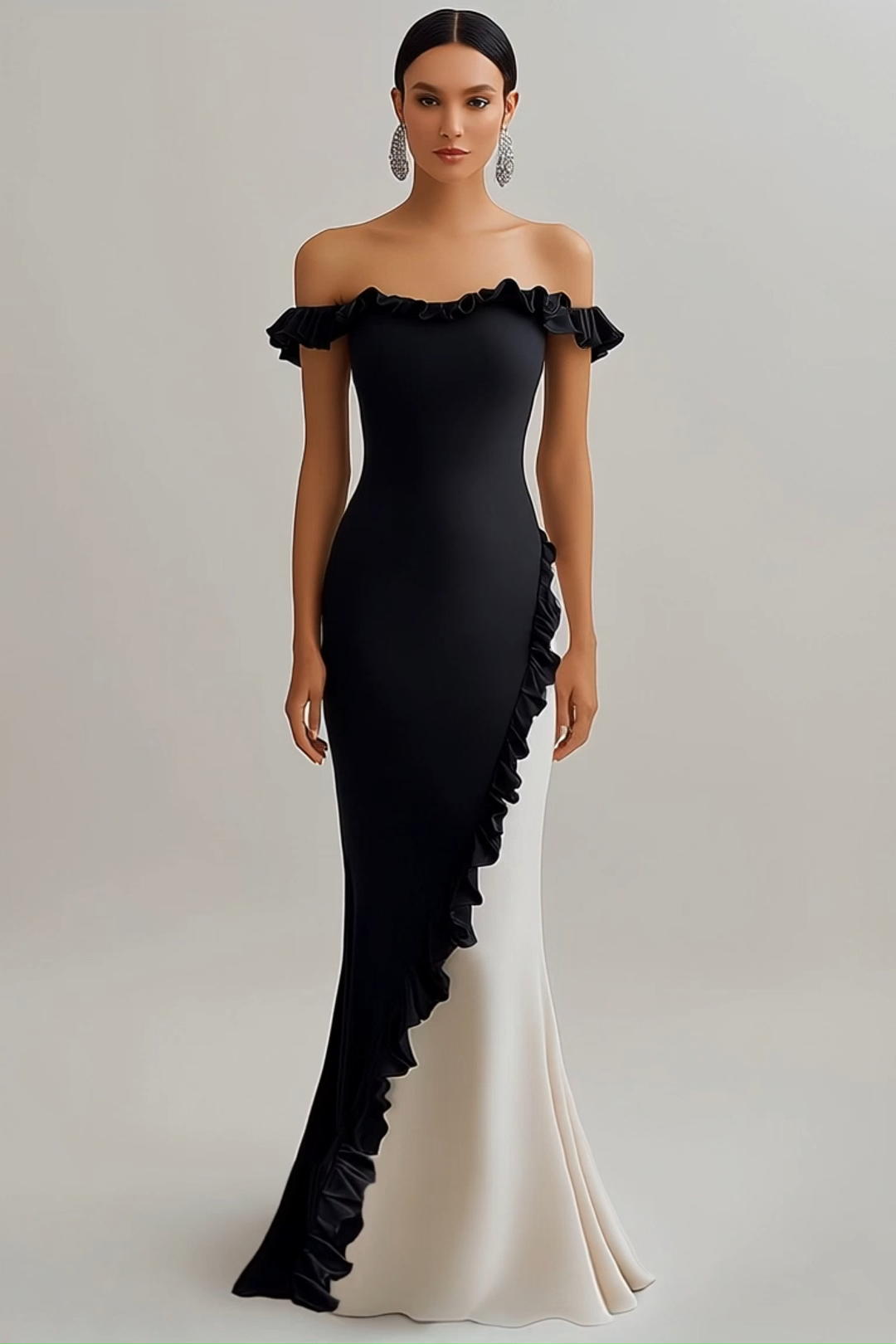 Formal Evening Gown Color Block Off-Shoulder Ruffle Floor-Length Dress