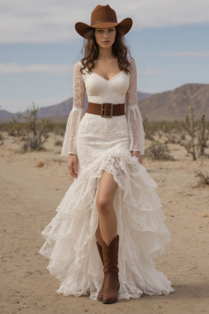Bohemian Tiered Lace Dress White V Neck Belted Maxi Dress