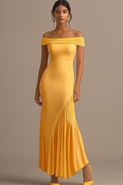 Semi-Formal Party Mustard Yellow Off Shoulder Maxi Dress
