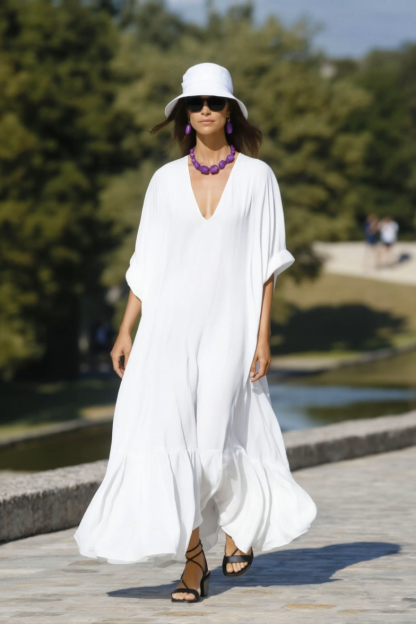 Vacation Holiday Dress​ White V Neck Ruffle Maxi Dress