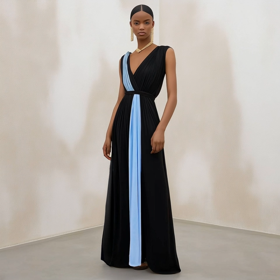Party Colorblock Dress Black V-Neck Sleeveless Pleated Floor-Length Dress