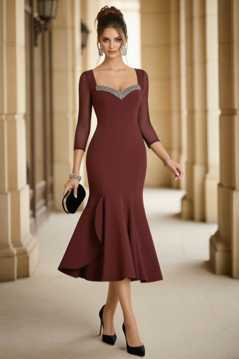 Mother of th Bride Dress Burgundy Sweatheart Neck Mermaid Midi Dress